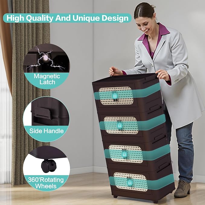 Folding Storage Cabinet with Wheels, 5-Tier Narrow Retro Brown Storage Tower - Image 6