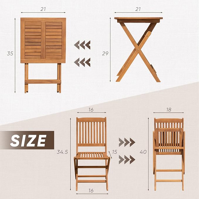 Devoko Outdoor 3 Piece Folding Patio Bistro Set Acacia Wood Bistro Table and - Image 7