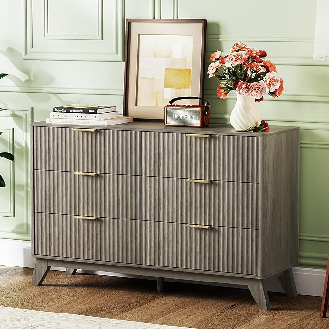 VINGLI Fluted Grey Dresser 6 Drawer Gray Dresser by VINGLI