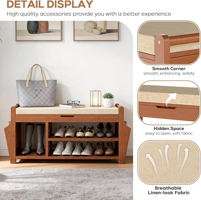 oakvivo 39.4in Shoe Bench with 2 Side Holder, 3 Tier Bamboo Entryway Bench with - Image 9