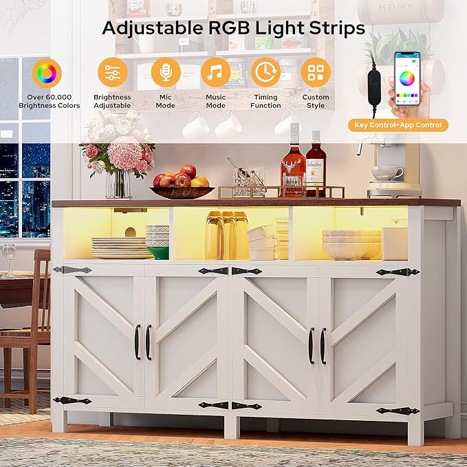 knoworld Buffet Sideboard with Storage with Power Outlets & LED Light 4 Doors - Image 3