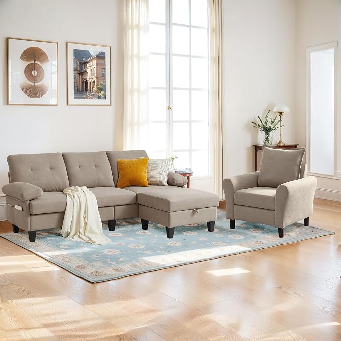 2PCS Sectional Sofa Set with Ottoman, Modern Linen 4 Seater Couch Set with Side - Image 8