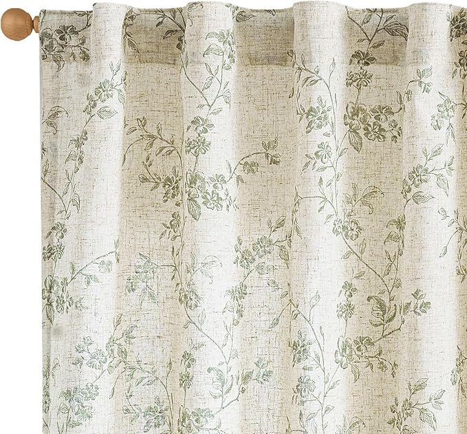Lazzzy Green Floral Linen Curtains 84 Inch Farmhouse Back Tab Drapes by Lazzzy