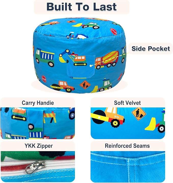 Lukeight Construction Stuffed Animals Storage Bean Bag Chair Cover - Image 5