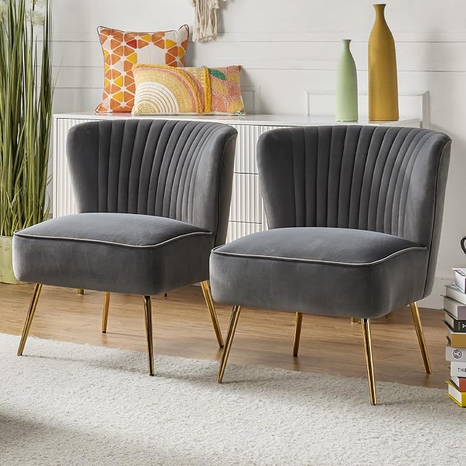 HULALA Home Velvet Accent Chair Set of 2, Modern Armless Upholstered Side Chair by HULALAHOME