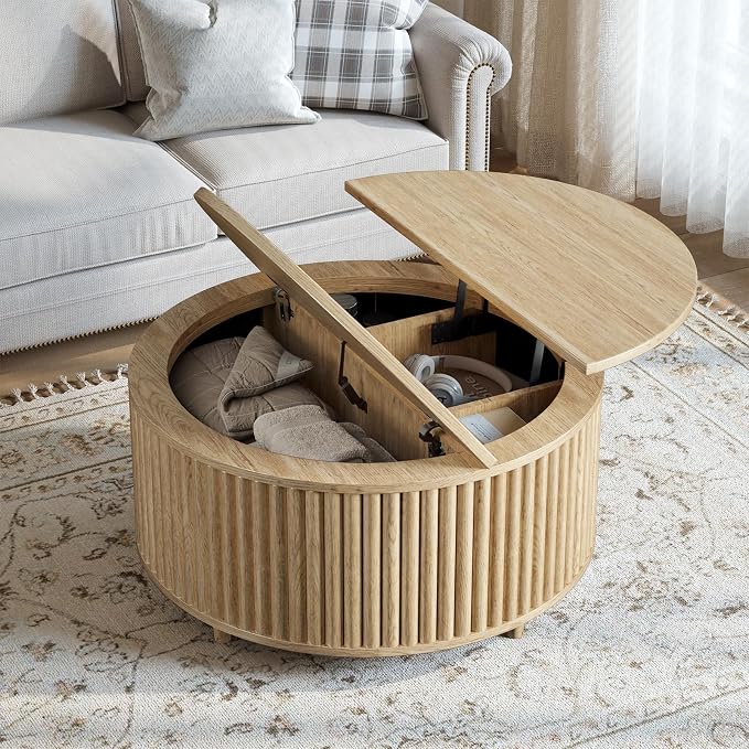Evermagin 31.5'' Round Coffee Table, Fluted Lift Top Oak Coffee Table - Image 4