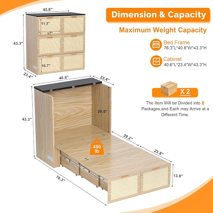 VINGLI Twin Size Rattan Murphy Bed - Image 2