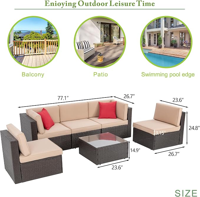 Vongrasig 6 Piece Patio Furniture Set, Small Outdoor Sectional Sofa Couch - Image 3