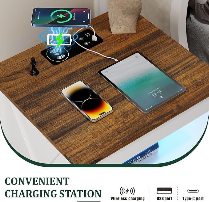 FREDEES Nightstand Set 2 with Gun Drawer, Bed Side Table with Charging Station - Image 5