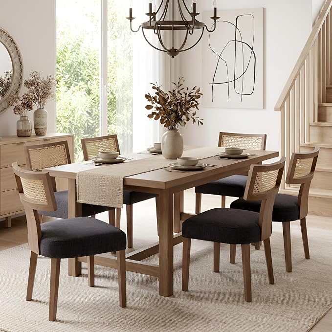 HNY Mid Century Modern Rattan Dining Chairs Set of 4, Farmhouse Linen - Image 7