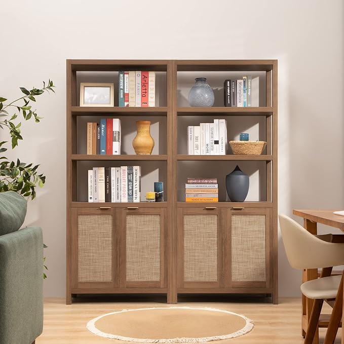 SICOTAS Bookshelf 5 Tier Book Shelf Rattan Boho 71" Tall Bookcase - Image 2