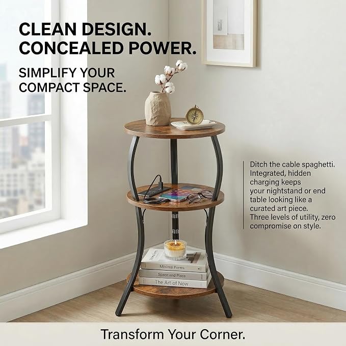 Small Round Side Table with Charging Station, 3-Tier Waist Circular End Table - Image 9