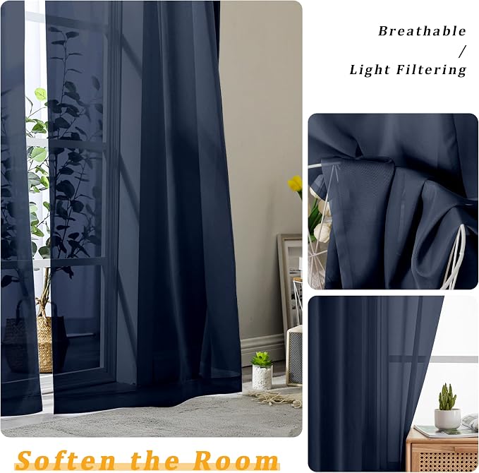 Gwine Navy Blue Sheer Kitchen Curtains 36 Inch Length, Light Filtering Voile - Image 3