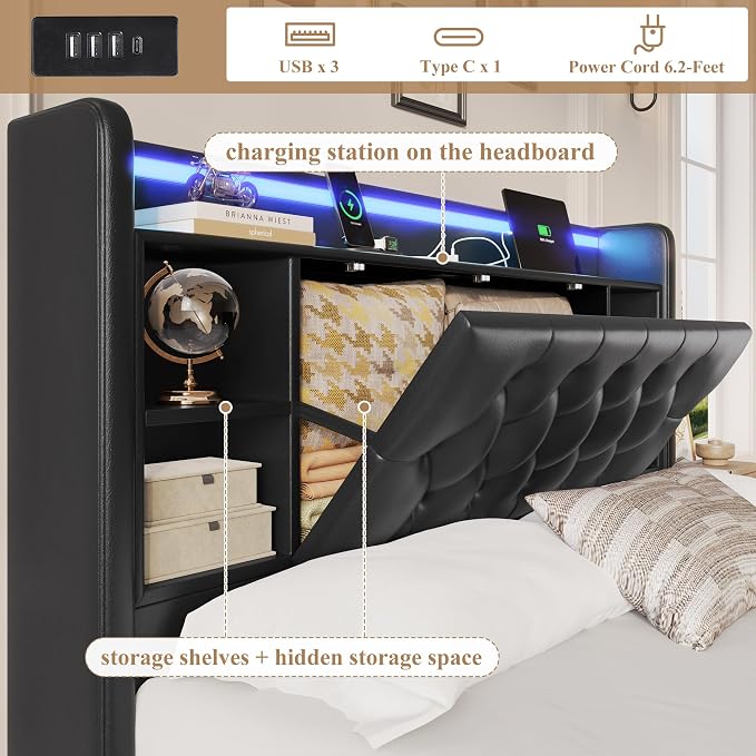 Queen Bed Frame with Drawers, Hidden-Cubby & Shelves Storage Headboard with - Image 4