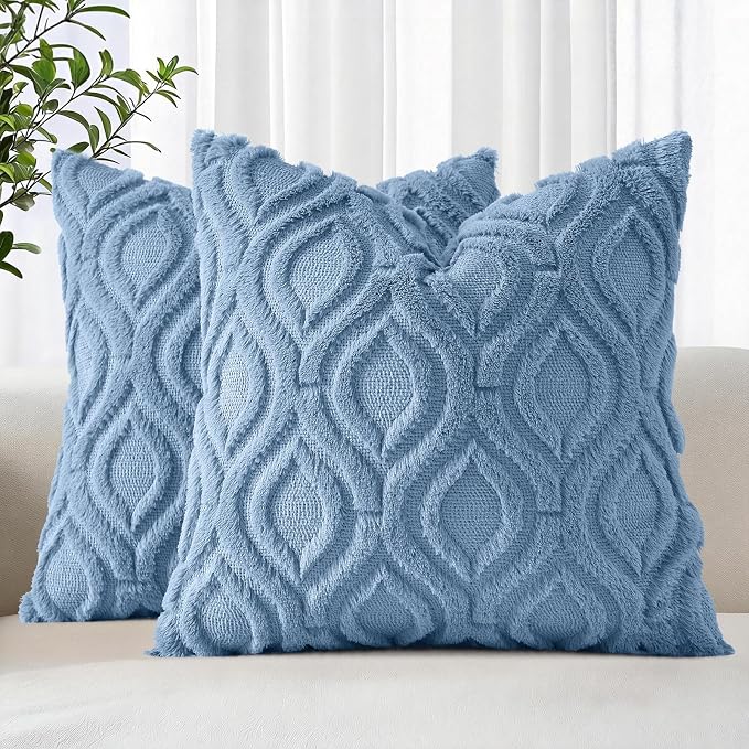 decorUhome Throw Pillow Covers 22x22 Inch Set of 2, Soft Plush Faux Wool Blue by decorUhome