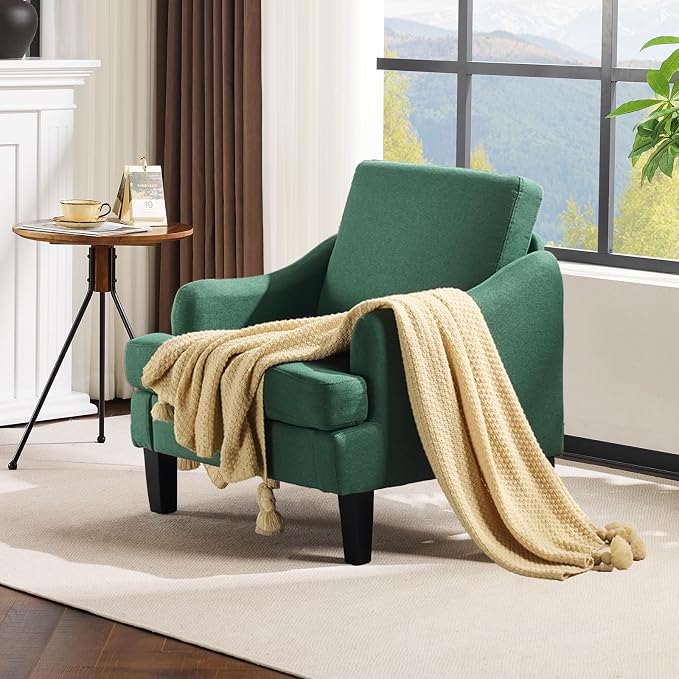 VINGLI Linen Fabric Accent Chair Green, Modern Upholstered Armchair, Comfy Sofa - Image 8