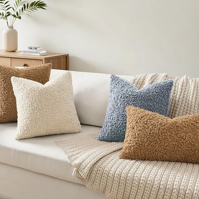 Faux Fur Throw Pillow Covers 20x20 Inch Set of 2 Boucle Neutral Decorative - Image 2