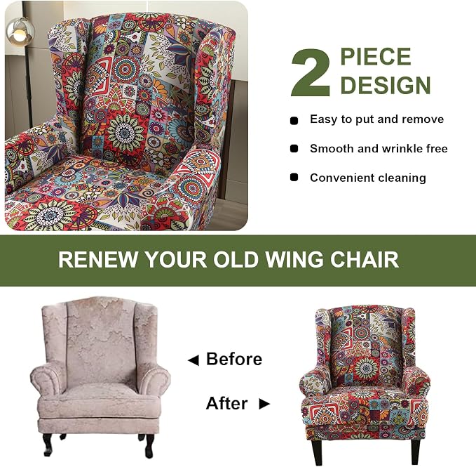 HAOYONG Wing Chair Slipcovers Elastic Boho Printed Wingback Chair Covers 2 - Image 7