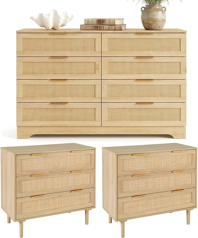 HOPUBUY Living Room Table Sets of 3, Boho Drawer and Large Drawer Nightstand by HOPUBUY