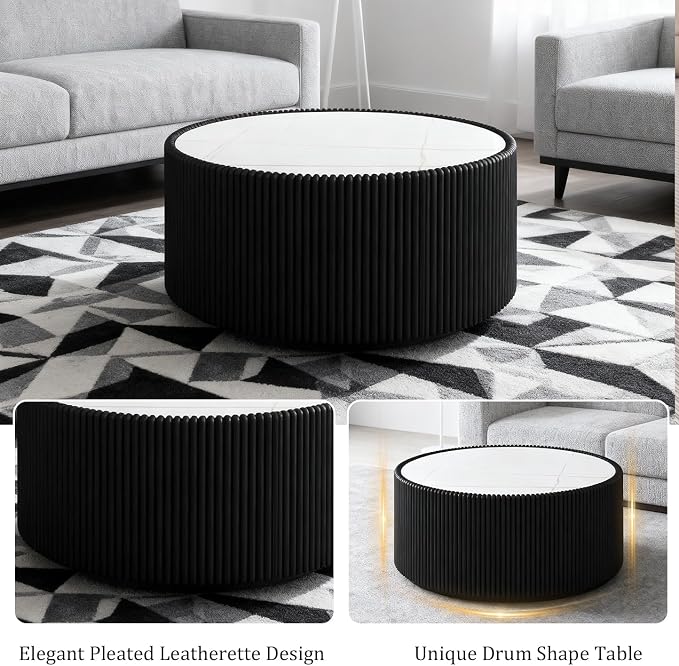 SSLine Round Drum Coffee Table Modern Sintered Stone Top Coffee Table in Black - Image 5