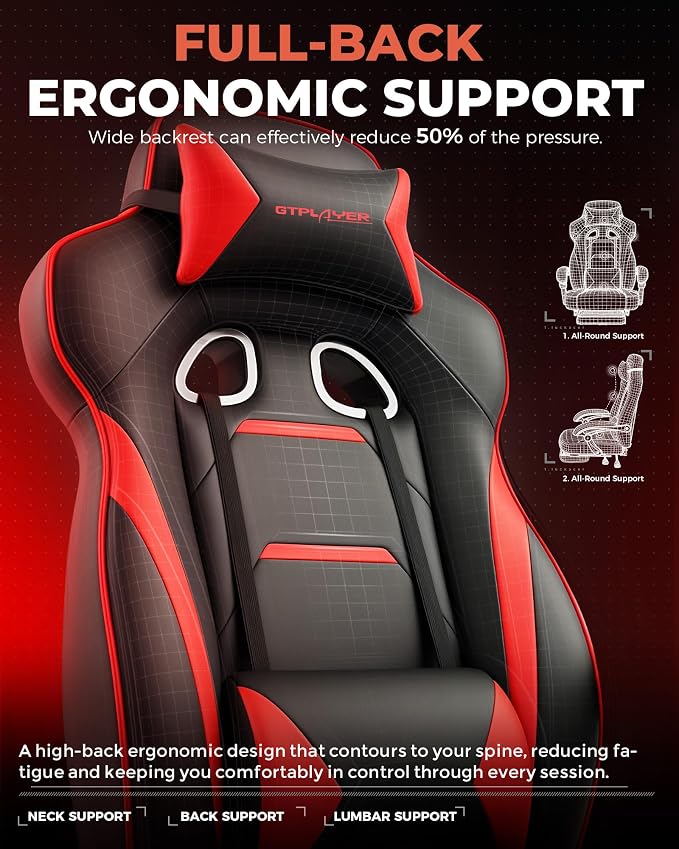 GTPLAYER Gaming Chair with Footrest, Big and Tall Game Chair 350lb Racing Style - Image 5