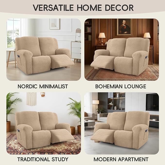 Recliner Loveseat Covers, 4-Piece Stretch Geometric Strokes Jacquard Reclining - Image 7