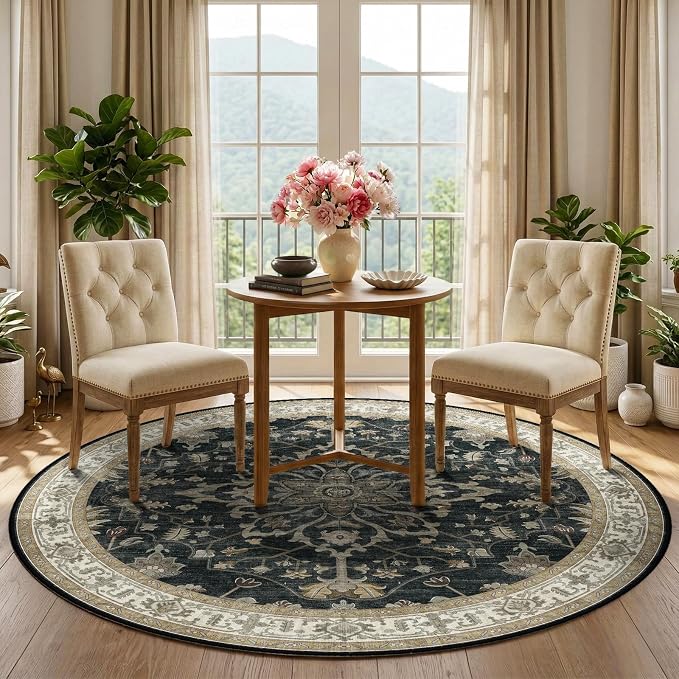 RELEANY Area Rugs Round 5ft Washable Non-Slip, Floral Vintage Distress Print - Image 2