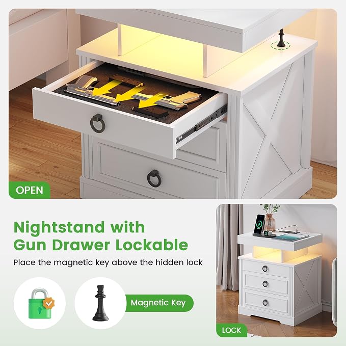 HNEBC Night Stand Set 2 with Gun Drawers, Farmhouse Nightstand with Charging - Image 6