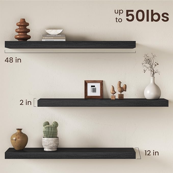 Black Floating Shelves 48Inch Long, 12 Inch Deep Floating Shelves - Image 3