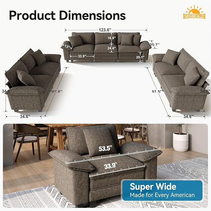 SUNSHINE VALLEY 3 Piece Living Room Sofa Furniture Set, Chenille Modular 2 - Image 2