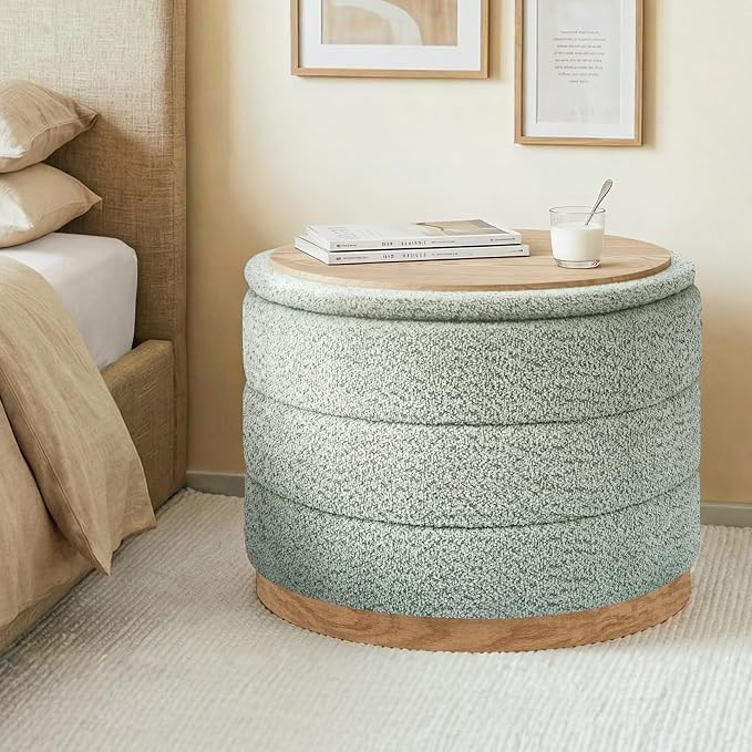 Round Storage Ottoman with Tray Lid, Folding Chenille Fabric Footrest with - Image 2