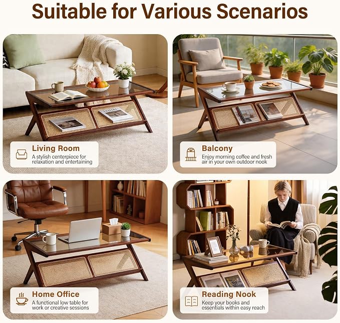 Tiita Rattan Coffee Table, Bamboo Accent Bedside Tables, Glass Nightstand Side - Image 6