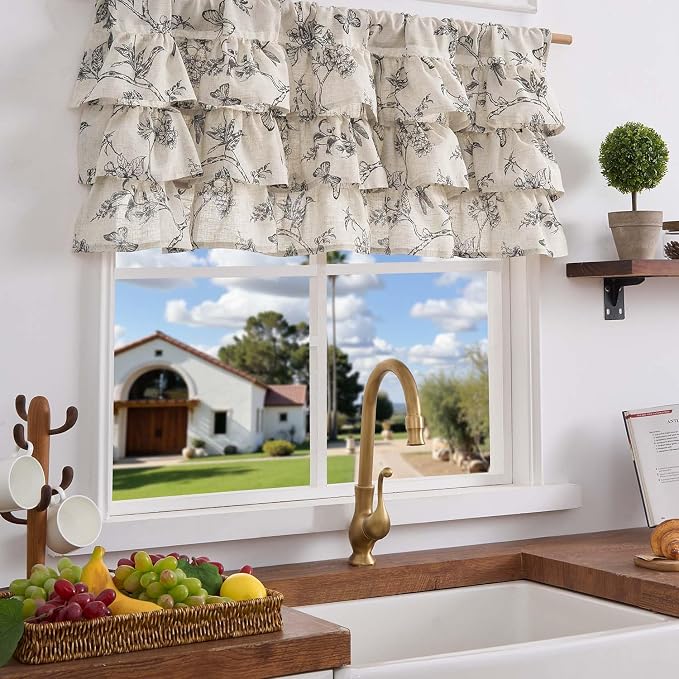 jinchan Ruffled Valance Curtain Linen Floral Kitchen Valance 18 Inch Shabby - Image 2