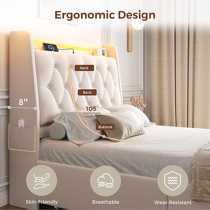 Twin LED Velvet Bed Frame with 2 Storage Drawers&Hidden Headboard, Upholstered - Image 4