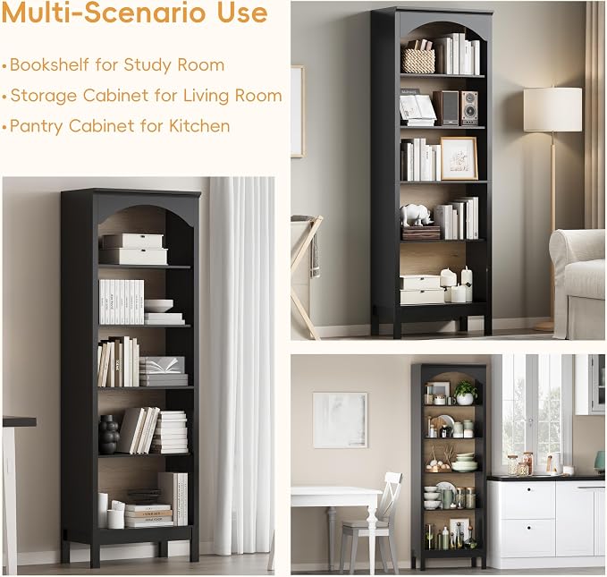 Arched Bookshelf with 5 Tier Open Shelves, Study and Living Room, Modern Black - Image 6