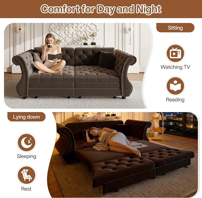 83.8" Oversized Pull Out Sofa Bed, Chesterfield Velvet Sleeper Sofa Couch - Image 3