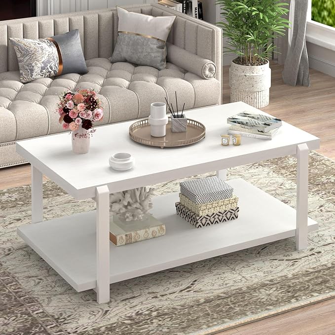 FOLUBAN White Coffee Table, Modern Rustic Wood and Metal Center Table by FOLUBAN