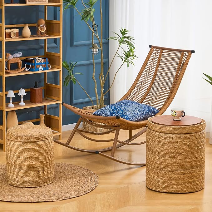 Wimarsbon Round Pouf Ottomans, Handwoven Natural Water Hyacinth Seagrass Pouffe - Image 2
