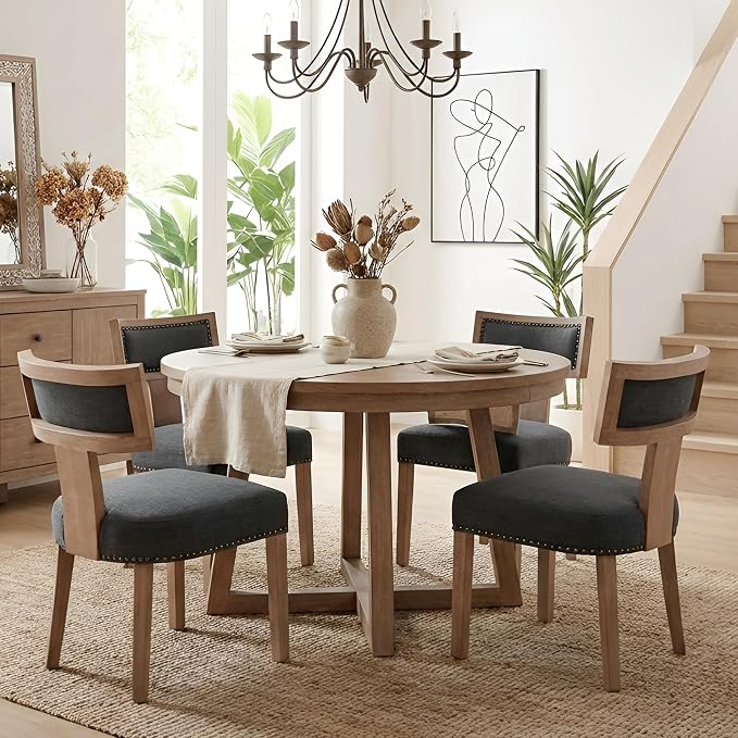HNY Mid Century Modern Dining Chairs Set of 2, Farmhouse Linen Fabric - Image 7