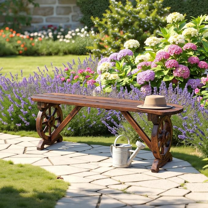 VINGLI Rustic Wooden Wheel Bench Outdoor Bench, Patio Bench Wagon Slatted Seat - Image 7