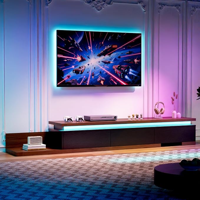 Extendable TV Stand with LED Lights, Modern TV Console with 3 Drawers, Wooden - Image 7