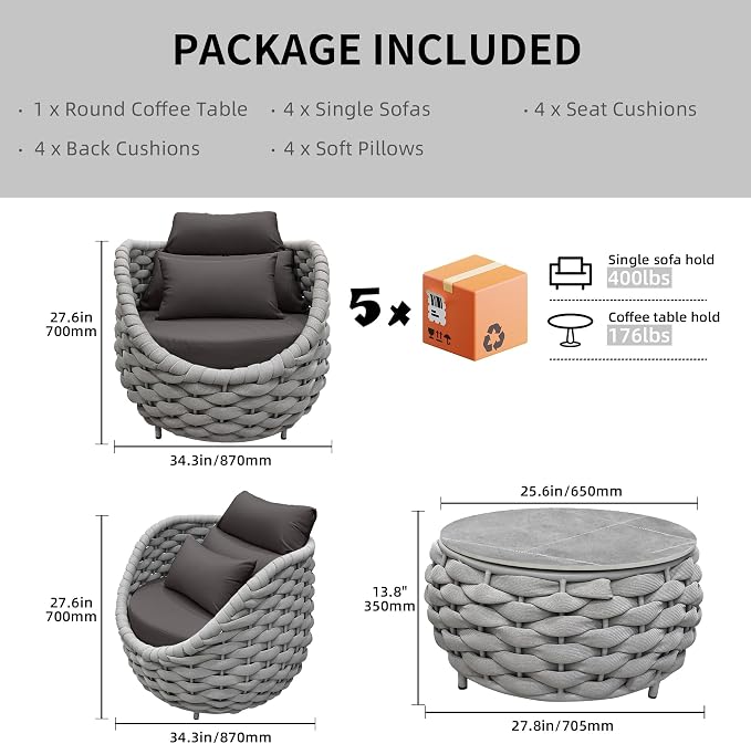 TWT Aluminum Outdoor Patio Furniture Set, 4 Textilene Armchairs Modern Outdoor - Image 6