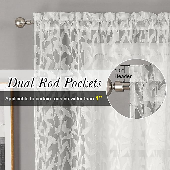 Lecloud Leia Ivory Sheer Curtains 90 Inches Long 2 Panels, Airy Voile Jacquard - Image 4