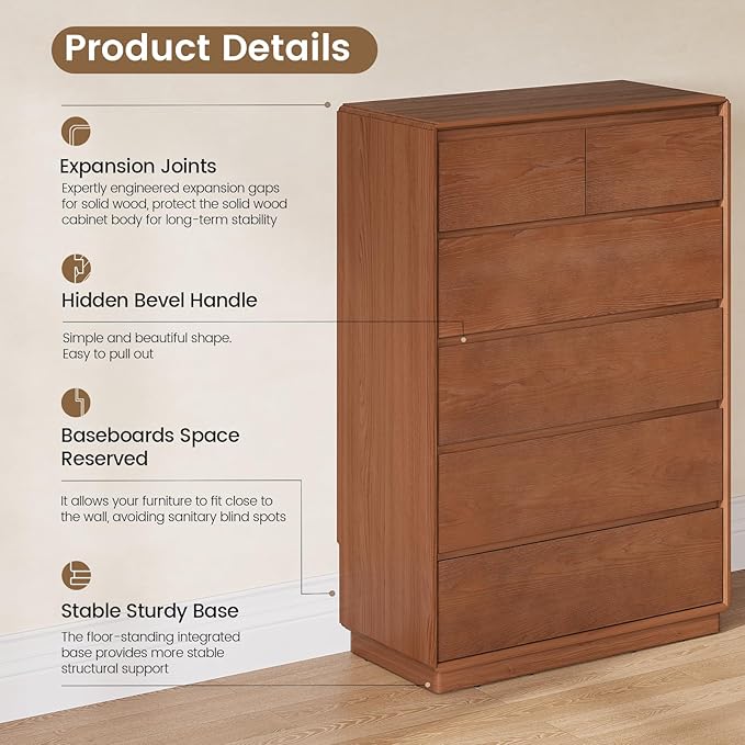 Solid Wood Dresser for Bedroom, Natural Solid Wood 6 Drawer Dresser, 45.3" Tall - Image 4