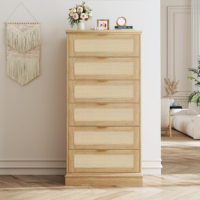 HUAHUU 6 Drawer Dresser for Bedroom, 50 Inch Tall Dressers & Rattan Chest of - Image 6