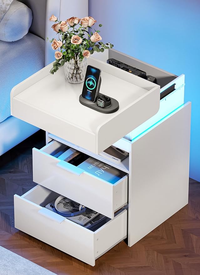 Turosur LED Night Stand with Gun Drawer, Smart Nightstand with Hidden Charging by Turosur