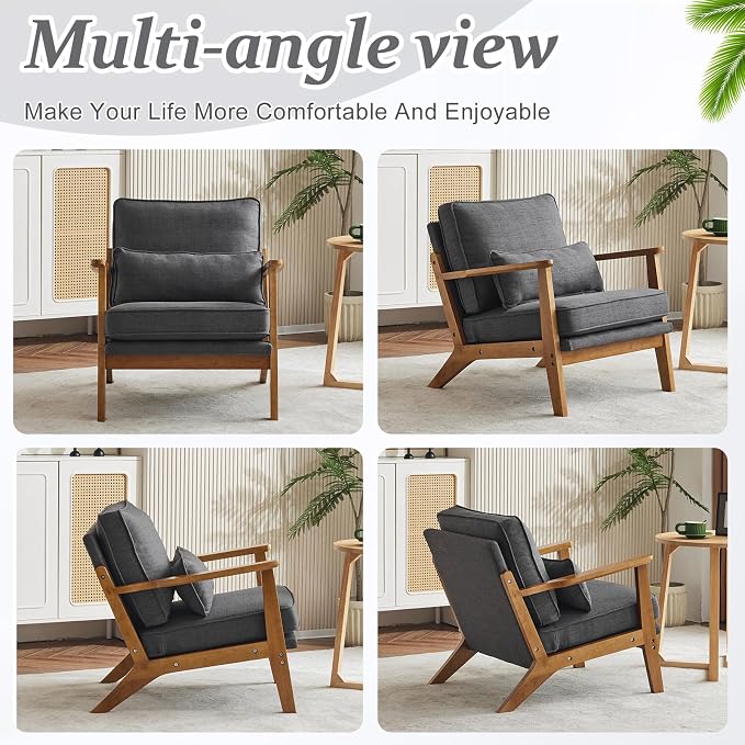 VINGLI Solid Wood Wide Armrests Accent Chair Set of 2, Upholstered Mid Century - Image 8