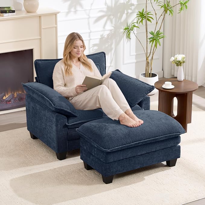 Oversized Accent Chair with Ottoman Set of 2, Upholstered Armchair with Extra - Image 6