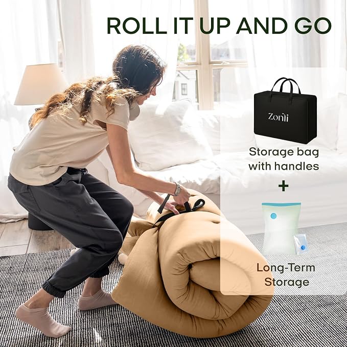 ZonLi Japanese Floor Futon Mattress Queen Size 80"x 60", 100% Cotton Cover - Image 6