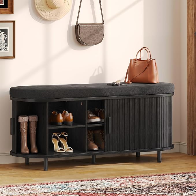 Oval Shoe Storage Bench with Padded Seat Cushion, 2-Tier Fluted Shoe Cabinet by ComfyCorner